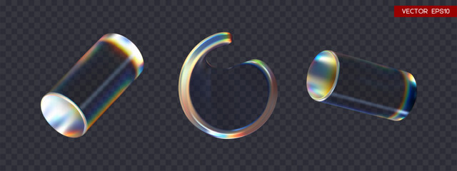 Set of 3d transparent iridescent glossy twist round shapes and cylinders with dispersion effect. Rainbow colors reflection glass. Vector illustration.