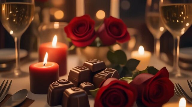 Close-up shot of chocolates, roses, and candles on a dinner table with wine glasses, set for a romantic evening with warm and intimate lighting.