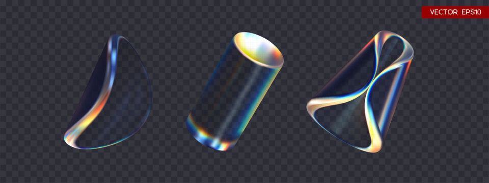 Set of 3d transparent iridescent glossy twist round shapes and cylinders with dispersion effect. Rainbow colors reflection glass. Vector illustration.