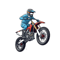 Motocross rider in dynamic pose on a red dirt bike, showcasing athletic gear and aggressive off-road action