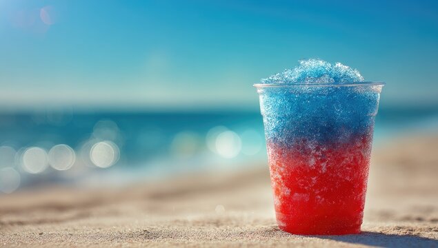A red and blue layered shaved ice treat in a clear plastic cup sits on sun-kissed sand near the ocean