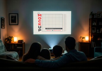 Family Watching Projector Screen on Living Room Mockup