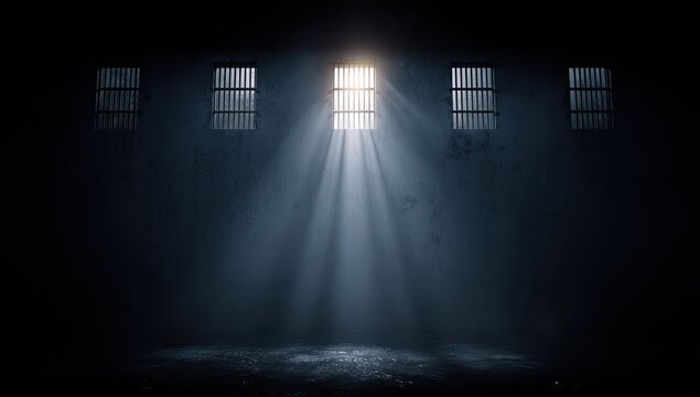 Dark, gritty prison cell with light streaming through barred windows. Atmospheric lighting