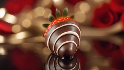 Close-up of a chocolate Easter egg with white stripes and red candy beads on a reflective surface with blurred roses and bokeh lights in the background.