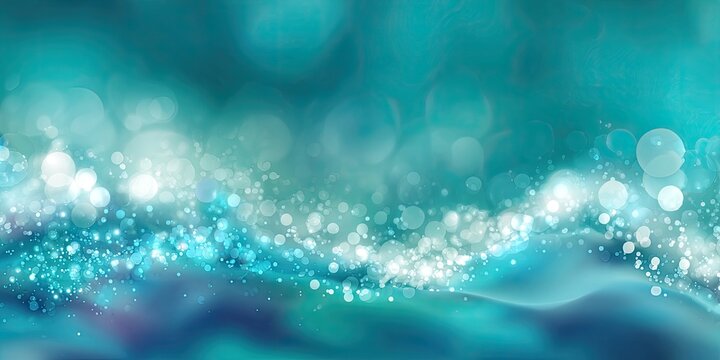 An abstract ocean scene rendered with vibrant turquoise and blue hues, sparkling light effects