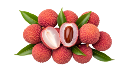 View of ripe, delicious lychee with half-cut fruit with brown seeds.