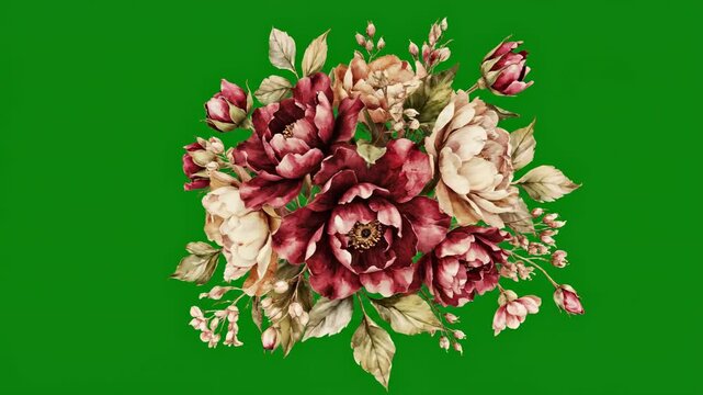 Isolated vintage watercolor bouquet of ruby red and cream flowers delicately rotating on a deep chroma key green screen for easy compositing classic, spin, rotating
