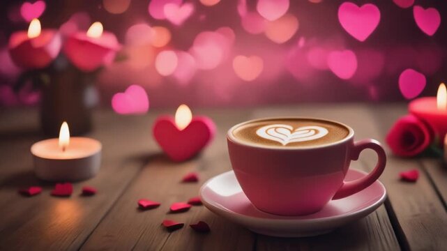 A pink coffee cup with heart design on the foam sits on a saucer amidst candles, rose petals, and pink hearts in a romantic setting with warm lighting.
