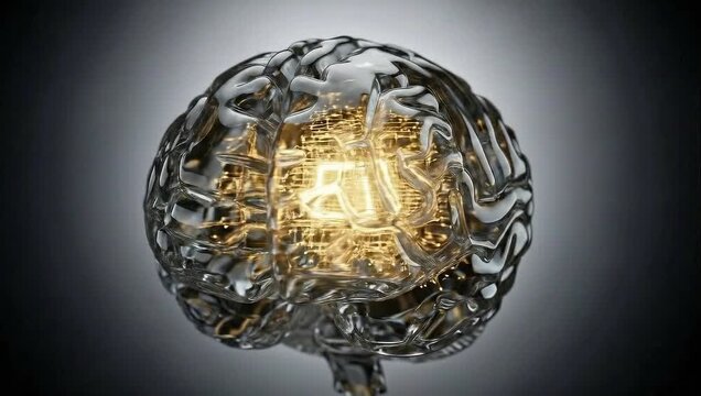 A futuristic transparent human brain reveals glowing circuitry and digital connections within its complex structure