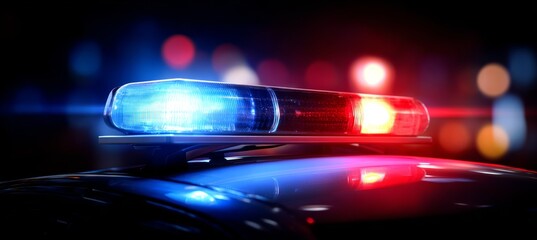 Police car blue red flasher light. Generative AI technology.