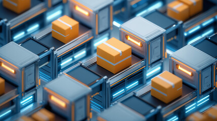 Digital warehouse with stacked orange boxes on conveyor belts