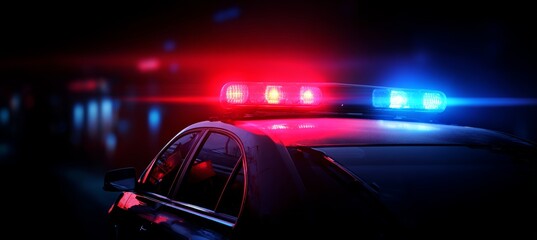 Shiny blue red flasher light on police car patrol at night road. Generative AI technology.