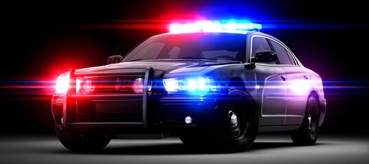 Modern police car blue red flasher light on dark background. Generative AI technology.