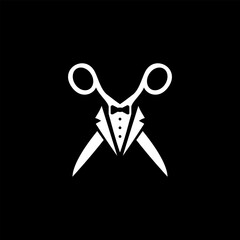 Elegant scissors logo combined with tuxedo bow tie, minimalist black and white vector icon