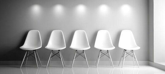 Row of white modern minimalist chair at room with spotlight. Generative AI technology.	
