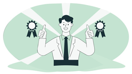 Confident businessman giving thumbs up with award ribbons