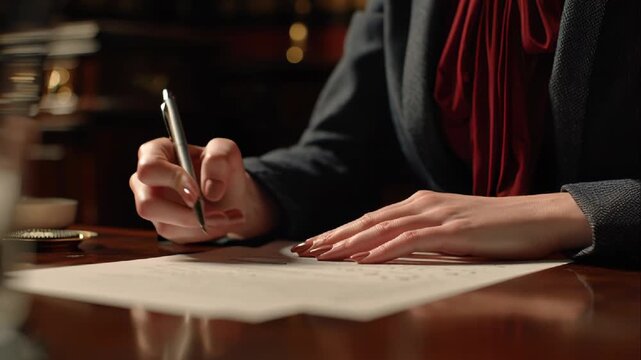 Signing Legal Documents Business Woman Writing Contract Agreement Signature on Paper Professional Lawyer Justice Law Firm Deal Close Business Success