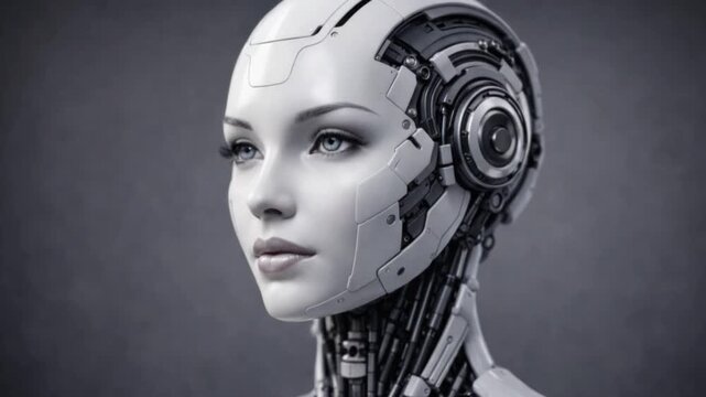Portrait of a white anthropomorphic robot woman on a gray background, close-up. AI concept.