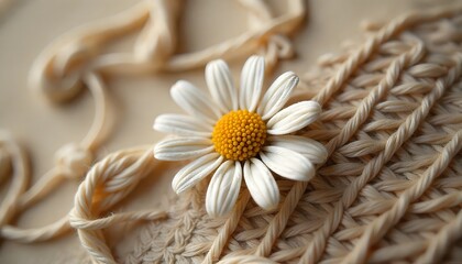 White Daisy on Beige Yarn &ndash; Cozy Floral Craft Texture