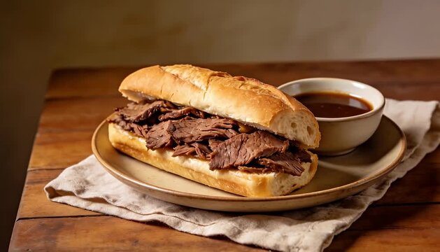 Savory steak sandwich dip hearty meal on wooden table french bread sandwich with rich au jus dipping sauce.