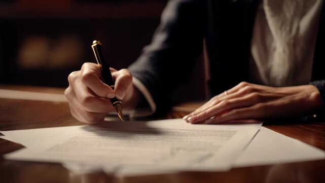Signing Important Contract Business Deal Agreement Legal Document with Pen on Desk Professional Executive Lawyer Finance Investment Success Approval Confirmation