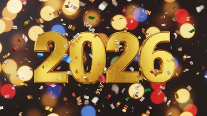 Golden “2026” numbers with confetti and party lights in the background