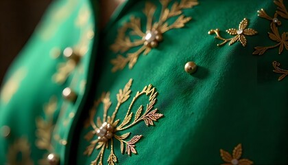 Green Embroidered Fabric &ndash; Gold Floral Detailing with Decorative Buttons
