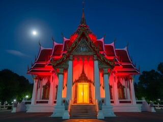 Thai Temple Illuminated at Night with Full Moon