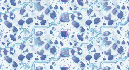 digital circuit pattern featuring glowing microchips and scattered abstract data rocks for a futuristic technology background or artificial intelligence concept design.