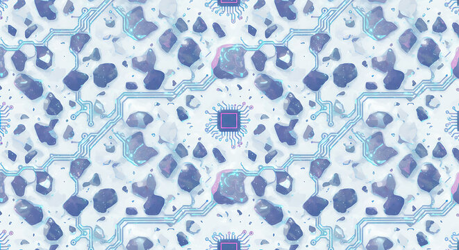 digital circuit pattern featuring glowing microchips and scattered abstract data rocks for a futuristic technology background or artificial intelligence concept design. - Powered by Adobe