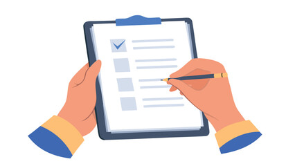 Person filling out form on clipboard with pen