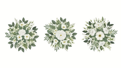 Top View Green and White Floral Bouquets Botanical Illustration