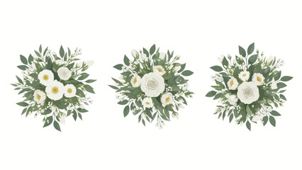 Top View Green and White Floral Bouquets Botanical Illustration