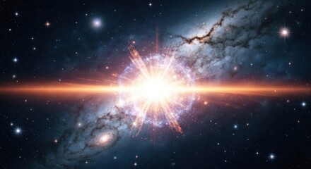 A stellar explosion bursts forth, surrounded by a distant galaxy's embrace