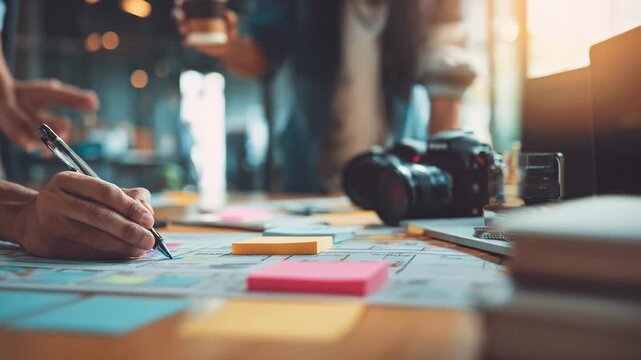 Creative team collaborating on video storyboard planning in modern office setting with digital devices and professional cameras.