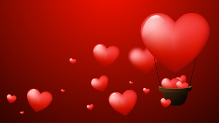 Romantic red hearts in hot air balloon. Design element can be used for Valentine's day, love theme