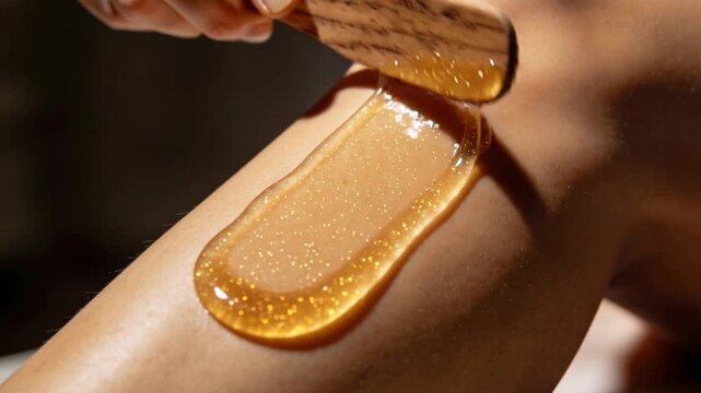 Professional cosmetologist applying warm golden wax paste onto a client's leg with a wooden spatula during a sugaring epilation procedure in a beauty salon, highlighting skincare and hair removal