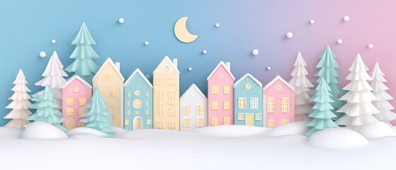 Winter village community houses in a minimalist environment under a moonlit sky