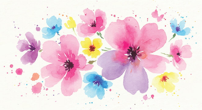 Vibrant flowers in full bloom scattered across a clean white background with delicate watercolor illustrations and splatters of colorful paint