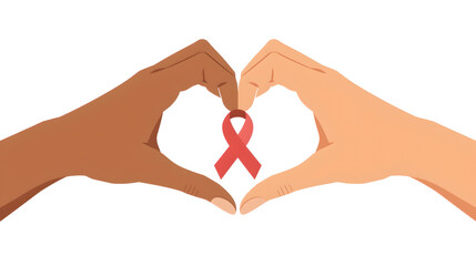 Obraz premium Diverse Hands Forming Heart Shape Around Red Ribbon Symbol of Support and Awareness