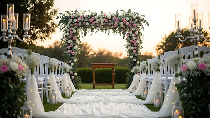 Beautiful outdoor wedding ceremony setup with floral arch and white chairs on a carpeted aisle