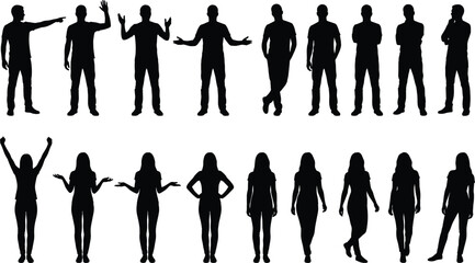 Male and female people silhouettes illustration showing various standing poses hand gestures body language black vector set isolated design © Ideasy Mind
