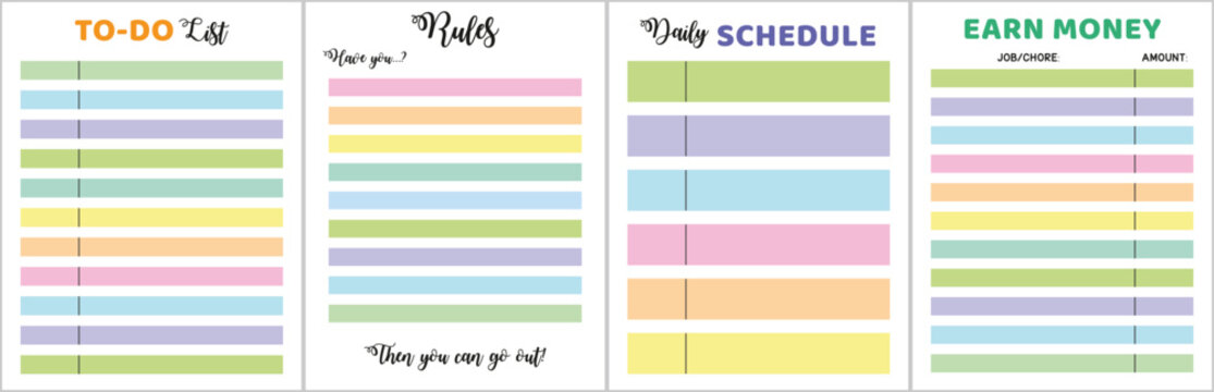 Colorful Responsibility Planner Bundle Featuring Daily Schedule, Chores, Rules, and Allowance Tracker