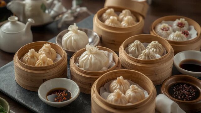 Authentic Chinese Dim Sum Selection with Steamed Dumplings and Xiaolongbao in Bamboo Steamers