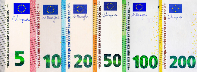 Euro banknotes of various denominations. Money of the European Union and Europe.