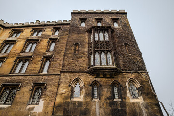 Fototapeta premium Winter architectural detail of St John’s College with leafless vine growth spreading across historic stonework
