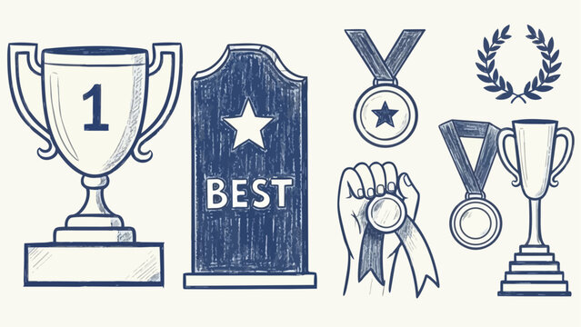 Hand drawn blue trophy cup first place medal award ribbon laurel wreath best plaque vintage sketch style collection