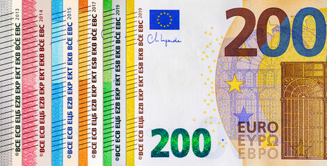Euro banknotes of various denominations. Money of the European Union and Europe.