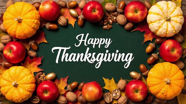 Autumn harvest scene with pumpkins, apples, and leaves on wooden table