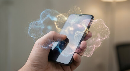 Hand holding smartphone with holographic display